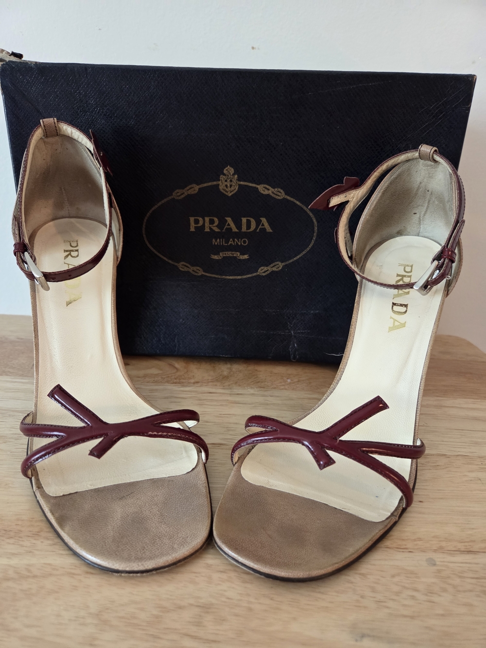 Vintage Prada Vine And Leaf Tan and Burgundy Leather Ankle-Strap Heels Size 39